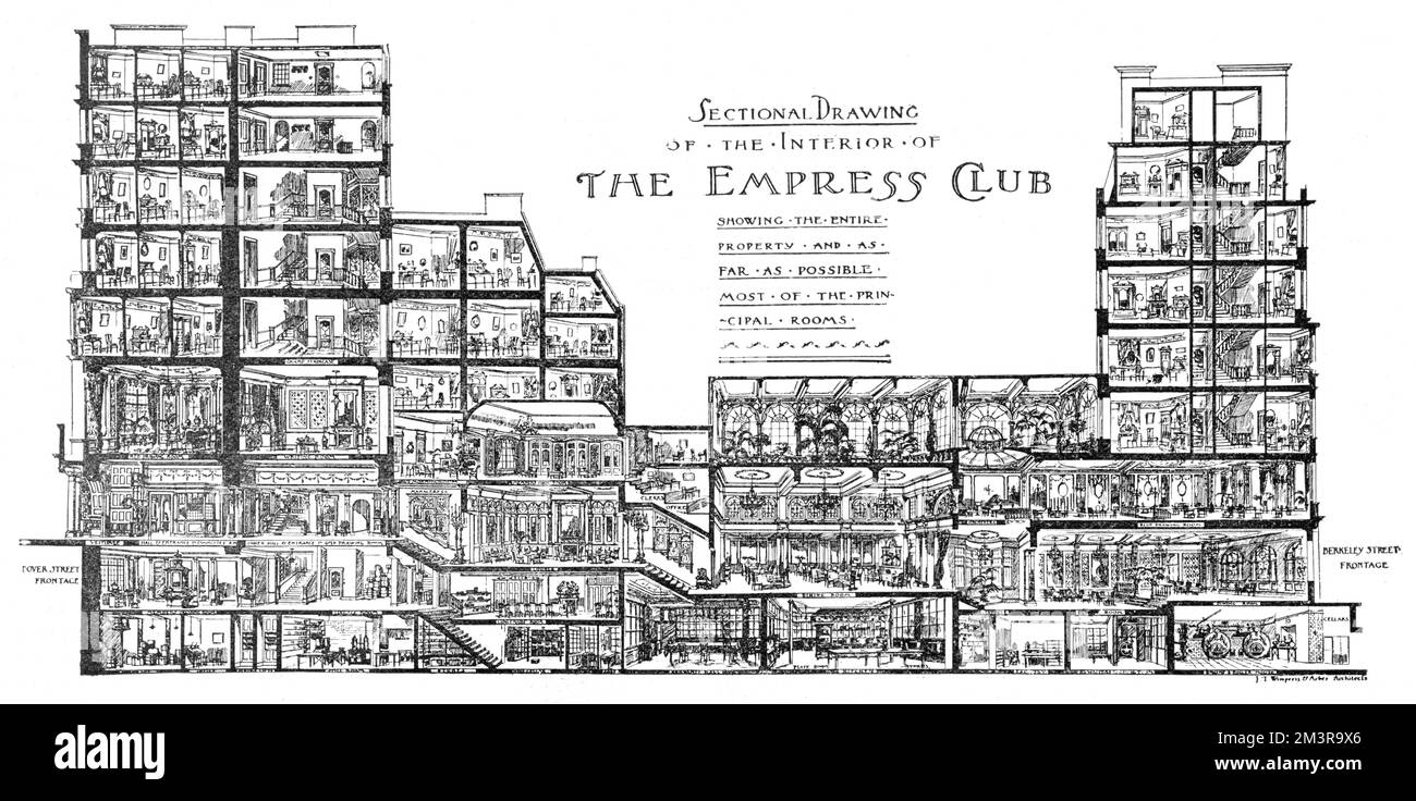 Eine Schnittzeichnung durch die weitläufigen Räumlichkeiten des Empress Club, zwischen Dover Street und 13 Berkeley Street, W1, London. Der Empress Club, einer der ersten „Ladies“-Clubs, wurde 1897 gegründet. Das Palaialgebäude, das sich über einen halben Morgen erstreckt, war palastartig und verfügte über zwei Salons, die eine Auswahl zwischen Louis Quinze oder dem venezianischen Stil, einen Speisesaal, eine Lounge, eine Rauchergalerie und einen Raucherraum, eine Bibliothek, ein Schreibzimmer, Eine Tonbandmaschine für Nachrichten, ein Telefon und eine Treppe mit Buntglasfenstern, die Shakespeare HE darstellen Stockfoto