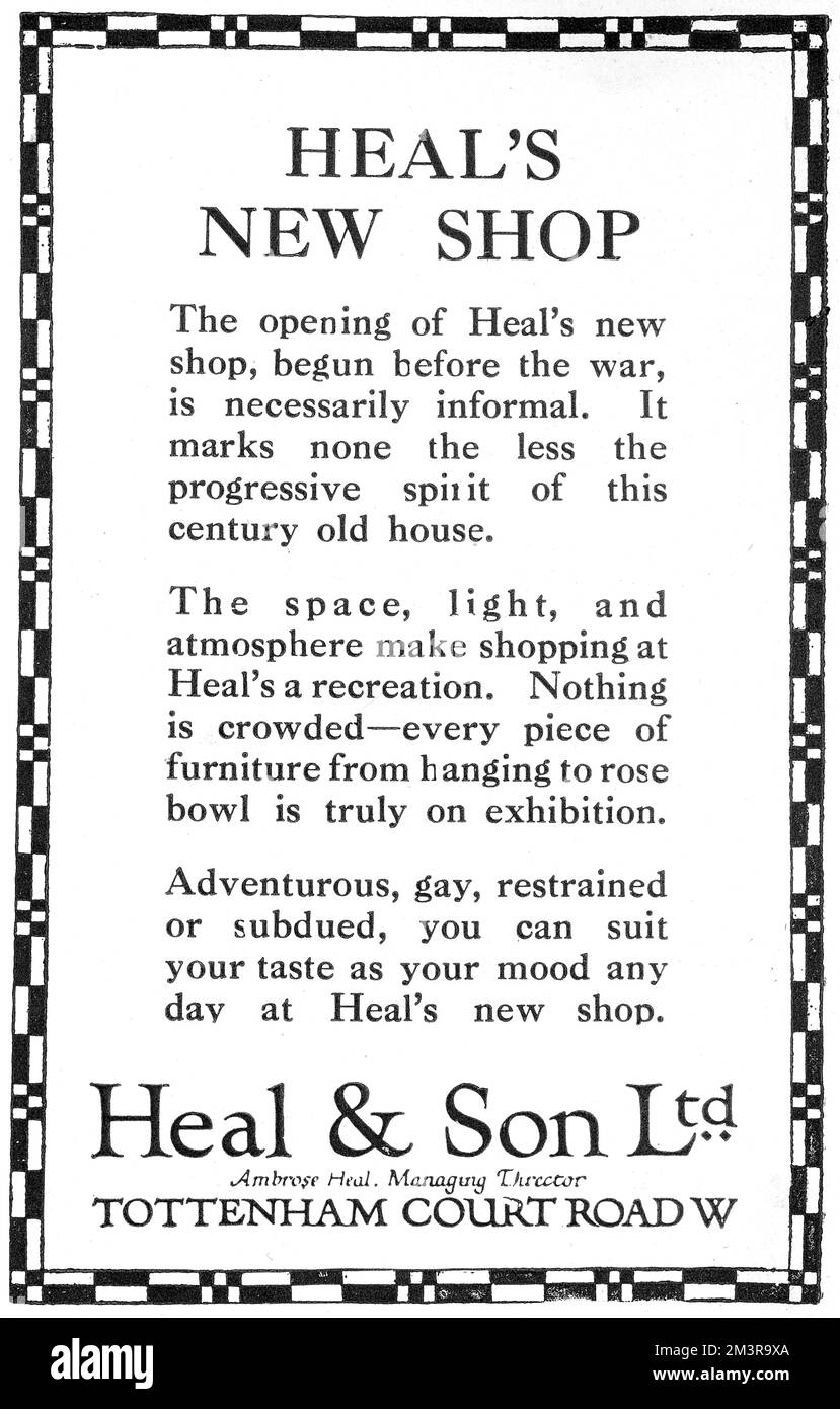 Werbung für Heal's - Eröffnung eines neuen Geschäfts für Heal and Son Ltd. In der Tottenham Court Road, London. Stockfoto