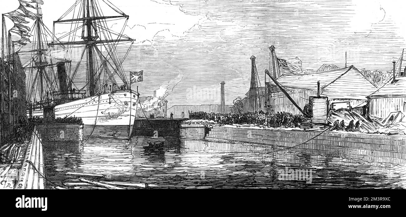 West India Docks, London - Eröffnung eines neuen Trockendocks Datum: 1878 Stockfoto