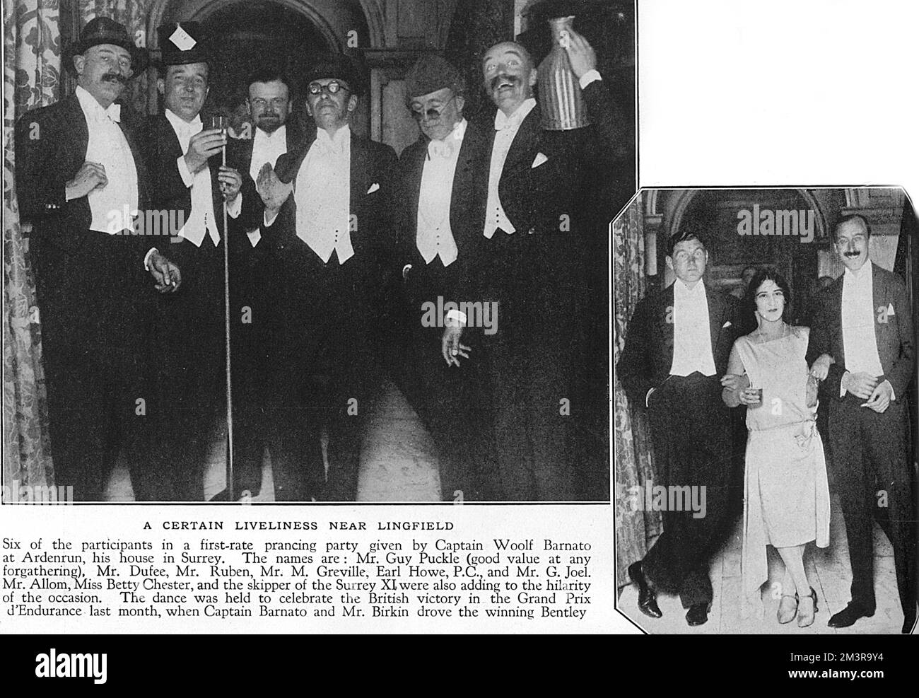 Teilnehmer einer erstklassigen Tänzerparty im Ardenrun House, Surrey, feierten den britischen Sieg im Grand Prix d'Endurance (Juni 1929), wo Captain Barnato (Eigentümer von Ardenrun) und Mr. Birkin den siegreichen Bentley fuhren. Von links: Die Herren Guy Puckle, Dufee, Ruben, M Greville, Earl Howe, P.C. und Mr. G. Joel. Auf dem Foto rechts sehen Sie Mr. Allom, Miss Betty Chester und Mr. P.G. Fender, Kapitän der Surrey XI., "der den Anlass zum Lachen macht". Datum: 1929 Stockfoto