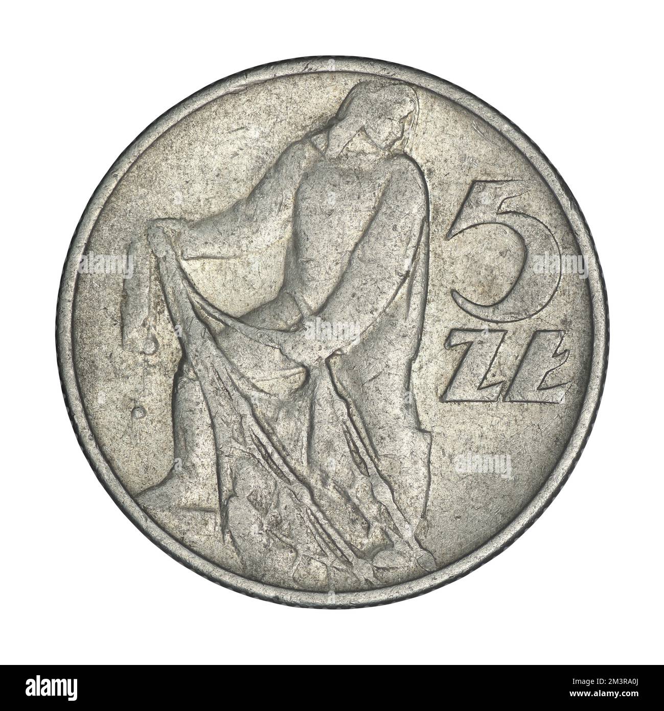 Polieren Sie fünf Zloty-Münzen von 1974 isoliert auf weiß Stockfoto