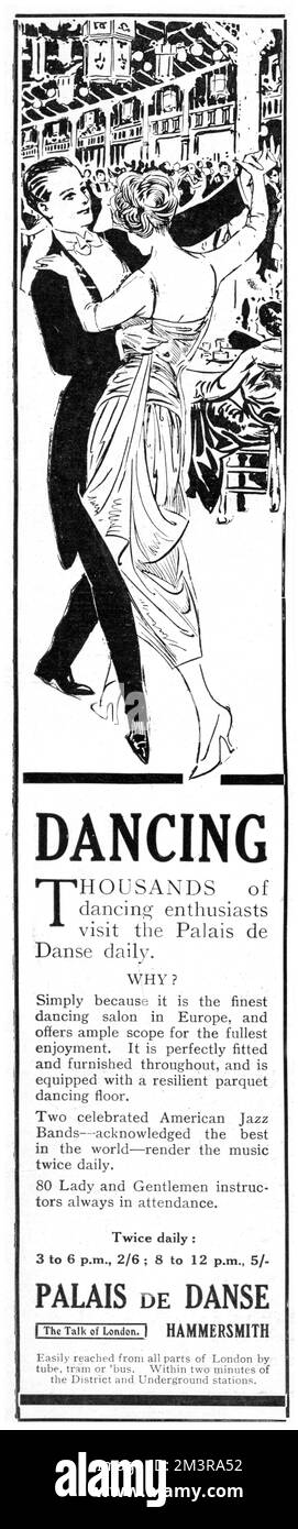 1919 Werbespot für den Palais de Danse, ein riesiger und äußerst beliebter Tanzsaal in West London, wo amerikanische Jazzbands die Melodien spielten, und 80 Lehrerinnen und Gentlemen standen zur Verfügung, um Unterricht zu geben. 1919 Stockfoto