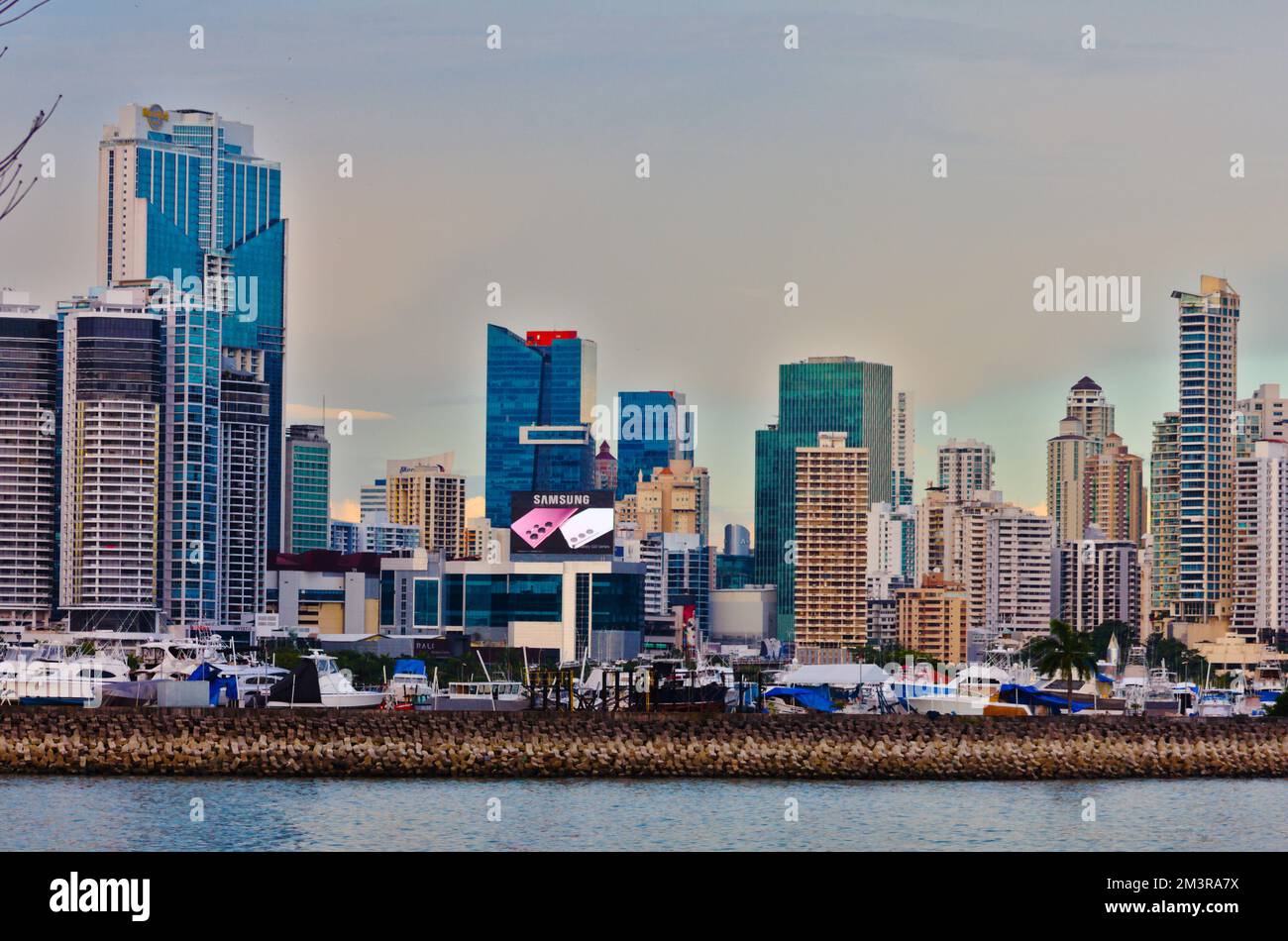 Blick auf panama-Stadt vom Meer, mehrere Gebäude und Wolkenkratzer Stockfoto