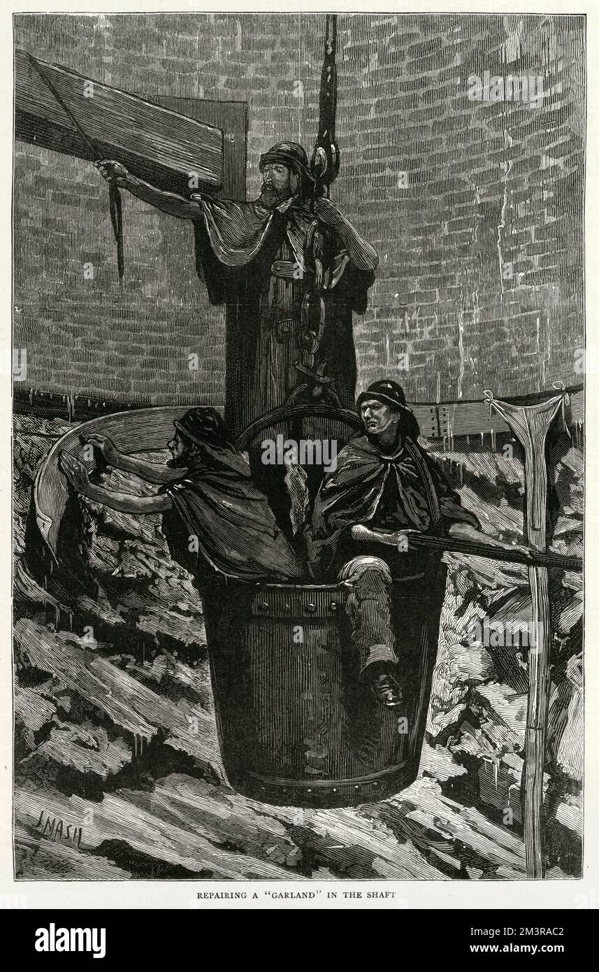 Arbeiten Sie in einem Kohlebergwerk und reparieren Sie eine „Girlande“ im Schacht. Datum: 1878 Stockfoto