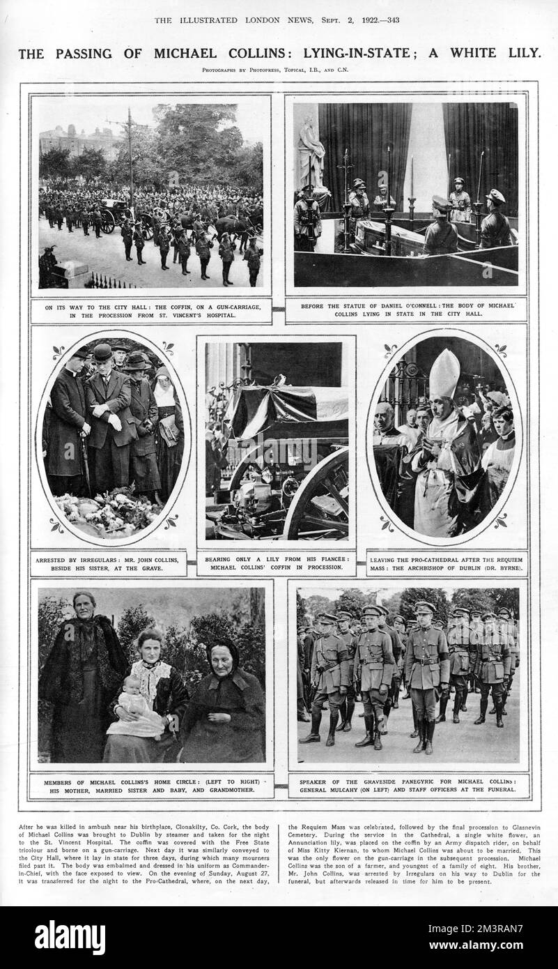 Seite mit einer Reihe von Fotos, die die Beerdigungszeremonie für den irischen Revolutionsführer Michael Collins (1890-1922) zeigen, der im August 1922 während des irischen Bürgerkriegs in einem Hinterhalt erschossen und getötet wurde. Datum: 1922 Stockfoto