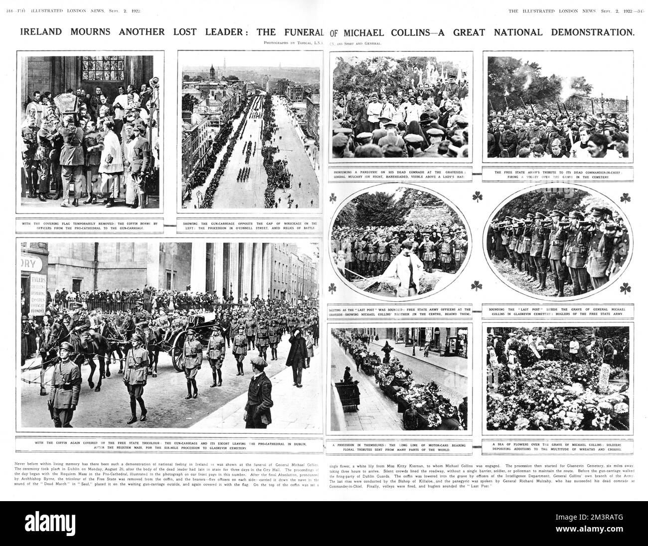 Seiten, die eine Reihe von Fotos von der Beerdigungszeremonie für den irischen Revolutionsführer Michael Collins (1890-1922) zeigen, der im August 1922 während des irischen Bürgerkriegs in einem Hinterhalt erschossen und getötet wurde. Datum: 1922 Stockfoto