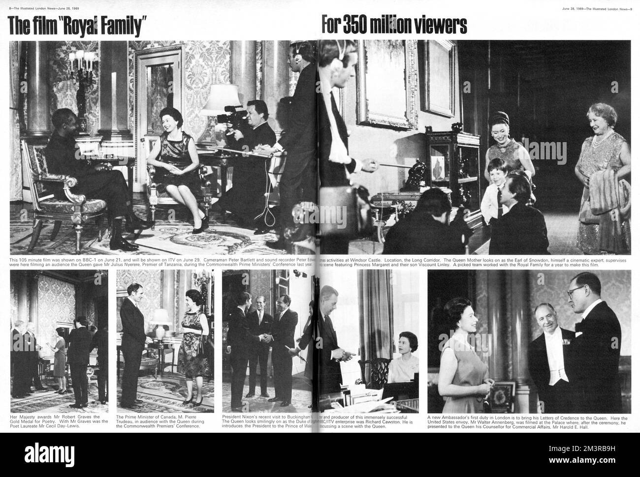 Doppelseite der illustrierten London News mit Szenen aus dem Dokumentarfilm „The Royal Family“, einem 105-minütigen Film, der am 21. Juni 1969 auf BBC1 gezeigt wird. Der Film war eine bewusste Anstrengung der königlichen Familie, der Öffentlichkeit ein zugänglicheres und modernes Bild zu präsentieren. Datum: 1969 Stockfoto