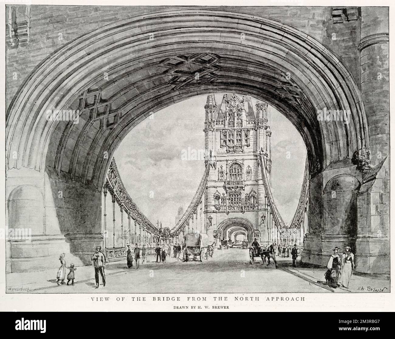 Blick auf die Tower Bridge mit Pferdekutschen und Personen, die zu Fuß gehen. Stockfoto
