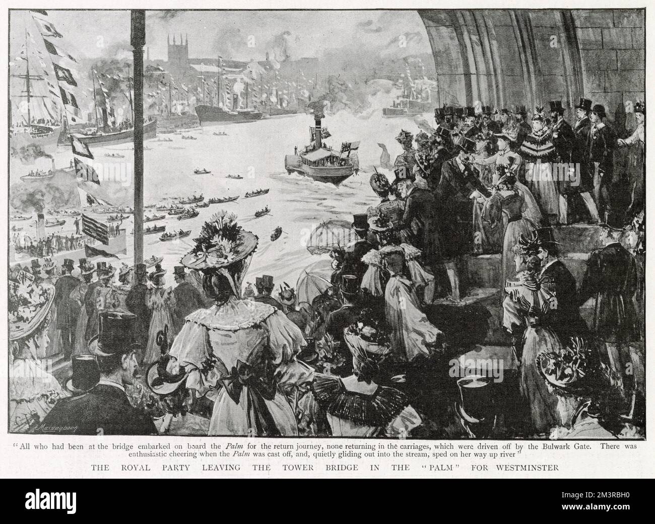 Die königliche Gruppe verlässt die Tower Bridge für ihre Rückfahrt nach Westminster. Stockfoto