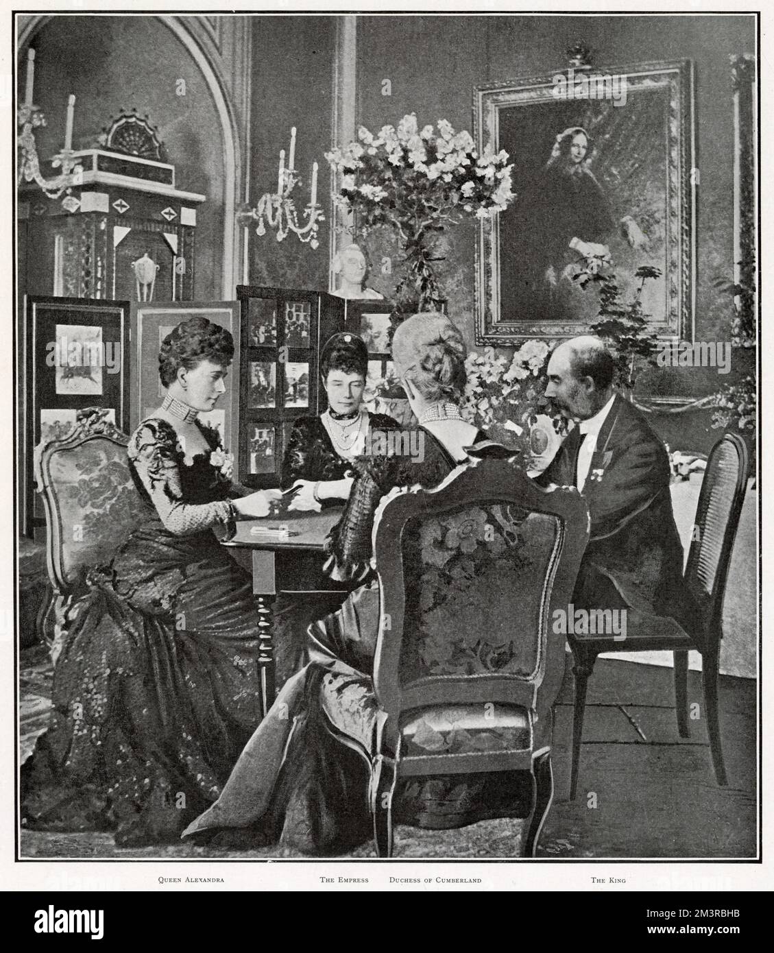 Alexandra aus Dänemark (Begleitung von Edward VII) spielt in Kopenhagen mit ihren beiden Schwestern Maria Feodorowna, Prinzessin Thyra von Dänemark und Vater Christian IX, König von Dänemark, Quiet Rubin (Kartenspiel). Stockfoto