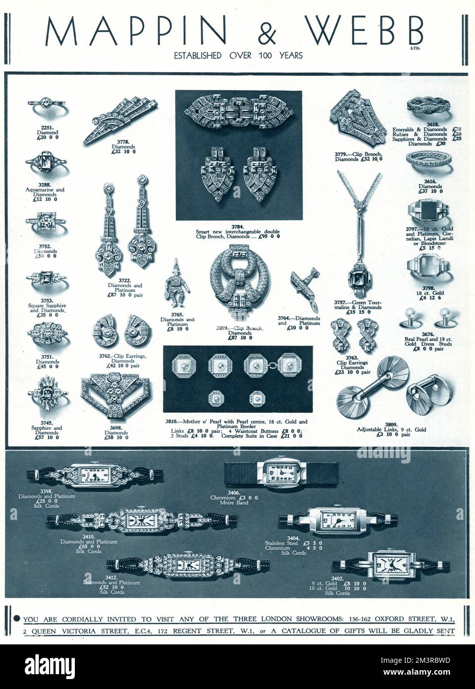 Feiner Schmuck von Mappin &amp; Webb, mit Diamantringen, Broschen, Ohrringen, Armbanduhren, Manschettenknöpfen und Anhängern. Datum: 1934 Stockfoto