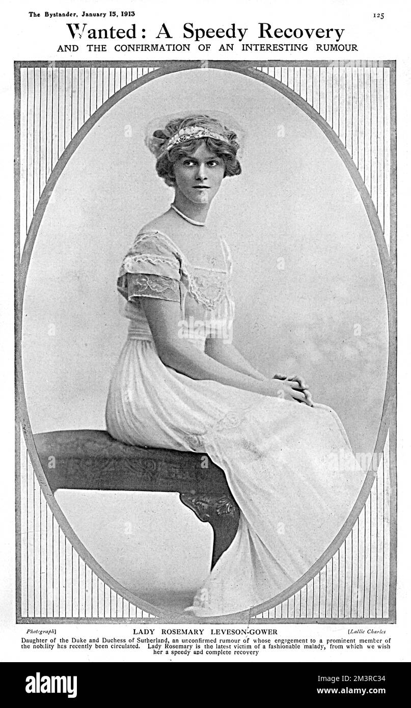 Lady Rosemary Leveson-Gower (1893-1930), einzige Tochter von Millicent, Herzogin von Sutherland und Cromartie Sutherland Leveson-Gower, 4.. Herzog von Sutherland. Sie heiratete William ward, 3. Earl of Dudley im Jahr 1919. Sie wurde 1930 bei einem Flugzeugabsturz in der Nähe von Meopham, Kent, im Alter von 36 Jahren getötet. In dem Bild, das sie zu der Zeit in der Zuschauer hatte, hatte sie an einer unbekannten Krankheit gelitten, die von der Zuschauerin als "das letzte Opfer einer modischen Krankheit" beschrieben wurde - was auch immer das bedeutet! Datum: 1913 Stockfoto