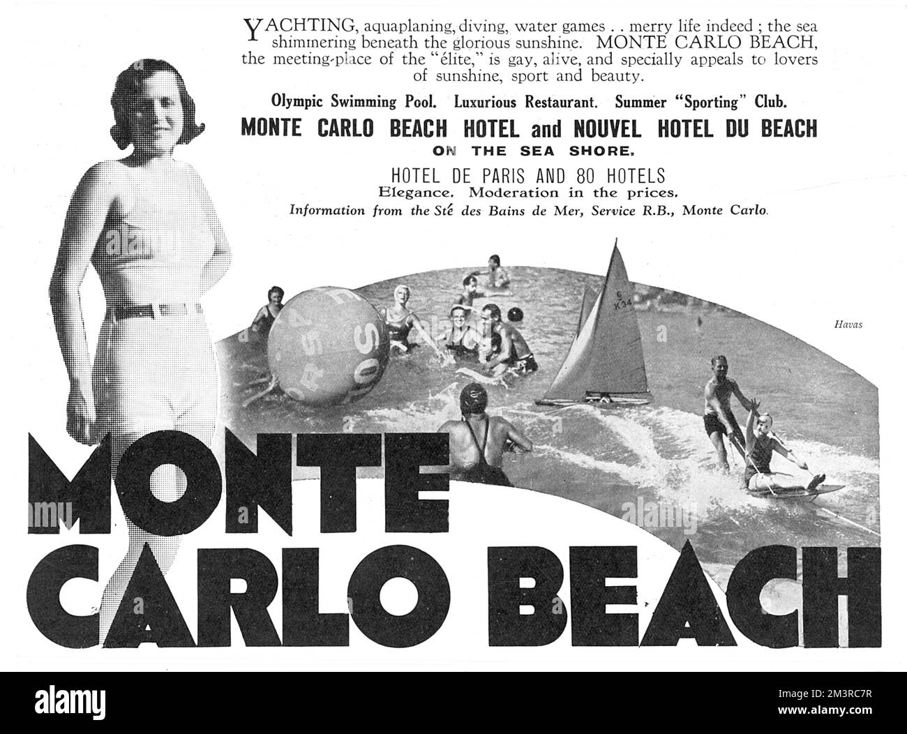 Werbung für den Strand von Monte Carlo an der französischen Riviera und alle damit verbundenen Unterhaltungsangebote. Datum: 1932 Stockfoto