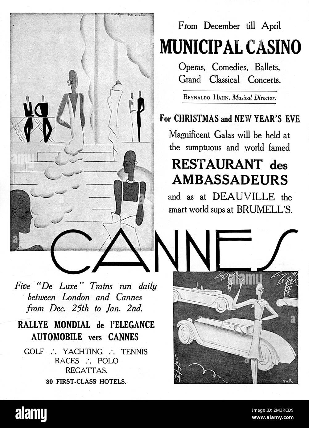 Ganzseitige Werbung in der Nähe von Cannes an der französischen Riviera, in der die einfache Verkehrsanbindung (fünf Luxuszüge von London jeden Tag zwischen Weihnachten und Neujahr), das städtische Kasino und das Restaurant des Ambassadeurs beschrieben werden. Datum: 1929 Stockfoto