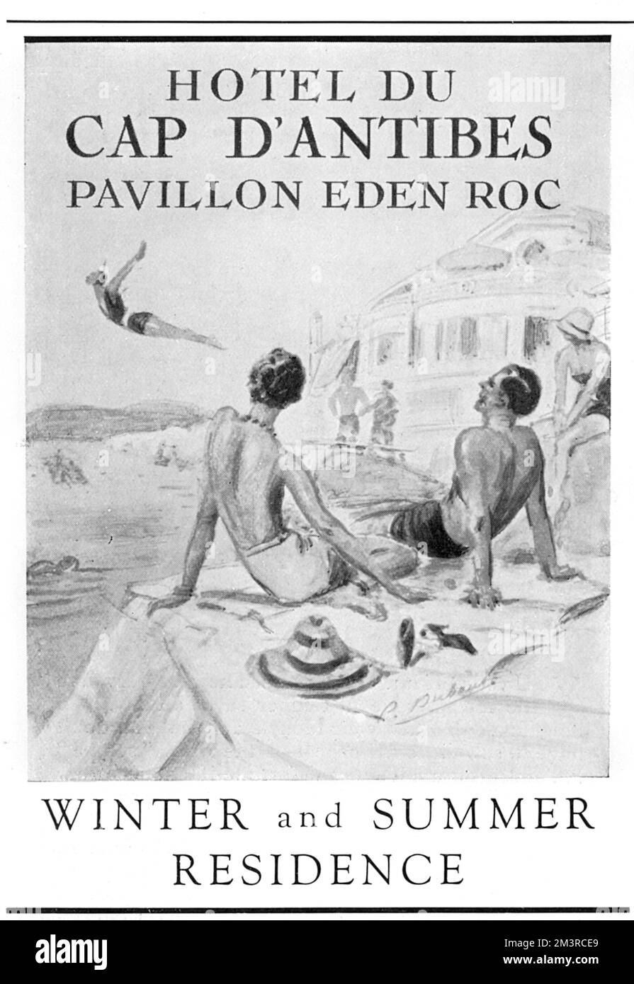 Werbung für das Hotel du Cap D'Antibes in Eden Roc, Antibes an der französischen Riviera, zeigt Sonnenanbeter und Schwimmer, die die flachen Felsen genießen, die als Sonnenfalle für Sonnenanbeter fungieren. Datum: 1935 Stockfoto
