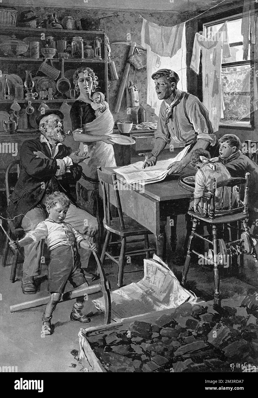 Im Streik: Die Familie des Collier zu Hause in Südwales. Eine Lebensstudie von Fortunino Matania. Der nationale Streik endete nach 37 Tagen mit der Einführung des Mindestlohngesetzes. 1912 Stockfoto