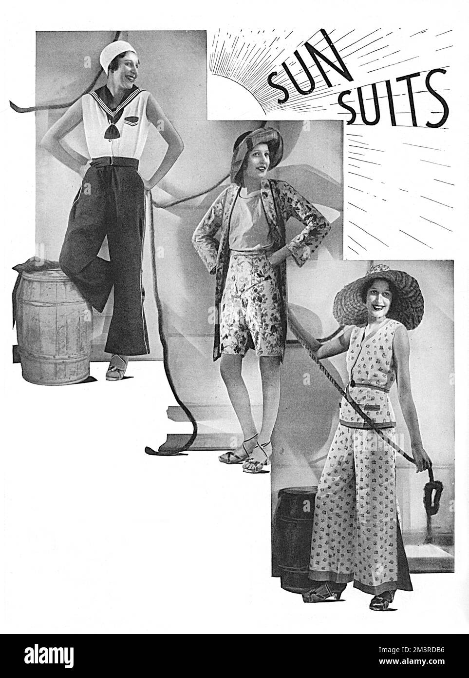 Drei Urlaubsoutfits, um 1931 das Beste aus der Sonne zu machen. Das Oberteil ist ein Jack Tar-Modell in Scharlach und Weiß mit passender Mütze. In der Mitte befinden sich eine Kombination aus Shorts und Mantel in bedruckter Kretonfarbe, die mit einem einfarbigen Pullover getragen wird. Der untere Strandanzug, getragen mit einem breiten Strohhut, ist aus geblümter Bettwäsche. Alle Kleidungsstücke aus dem Kaufhaus Swan und Edgar in Piccadilly, London. Datum: 1931 Stockfoto