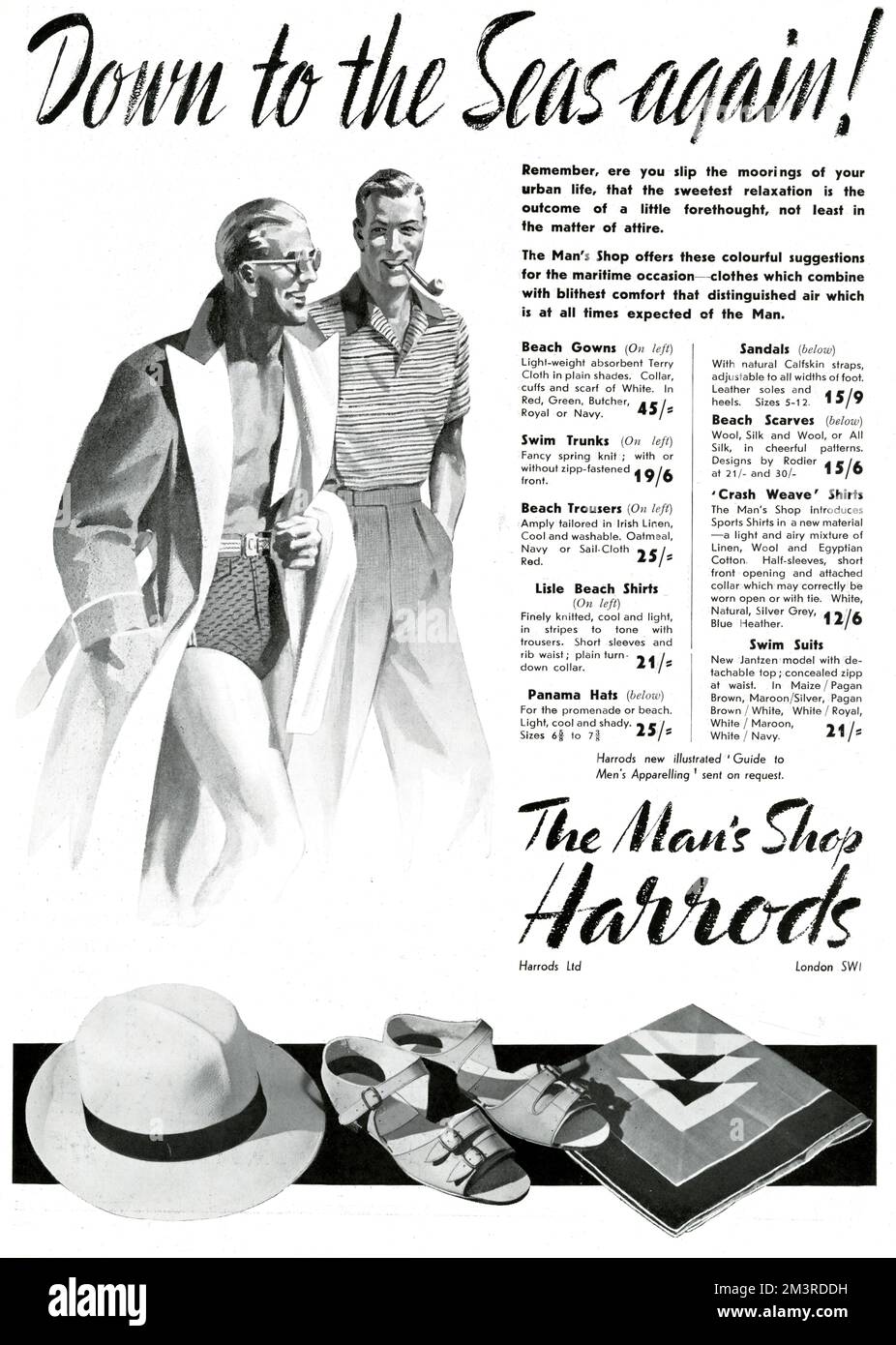 Werbung für den man's Shop bei Harrods, speziell Werbung für Kleidung für Urlaub und Kreuzfahrten, einschließlich Badekleidung, Badehosen, Strandhosen, Lisle Beach Shirts, panamahüten und Sandalen. Datum: 1937 Stockfoto
