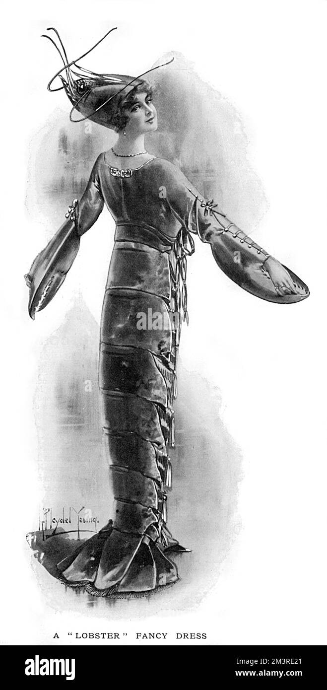 Ein Hummer-Kostüm aus rotem Satin aus dem Jahr 1911, begleitet von einem Unterkleid aus weißer, plissierter Seide mit Sonnenstrahlen, der Bolero mit gestrickten roten Bändern, die in einer Schleifenebene gebunden sind, um die kleineren Krallen zu simulieren. Sehr gut. Datum: 1911 Stockfoto