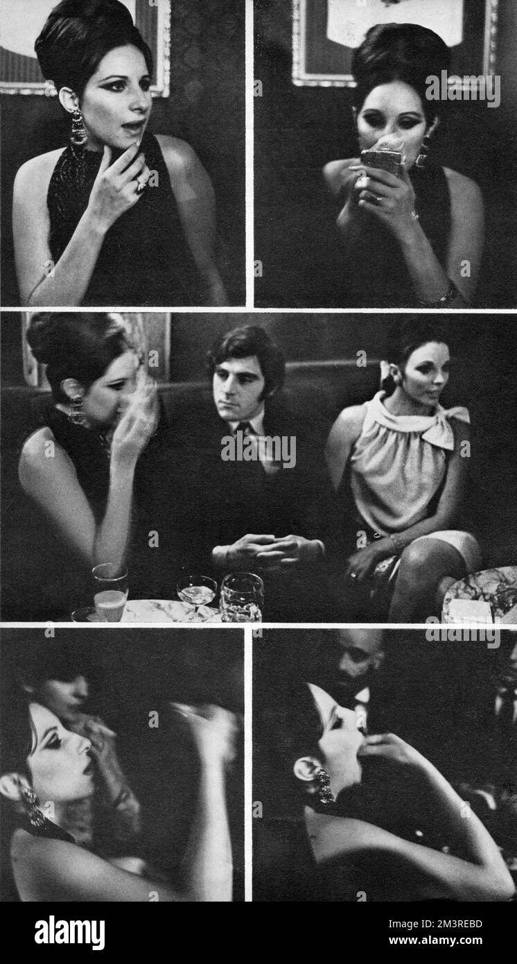 Eine Reihe von Fotos von Barbara Streisand, Joan Collins und Ehemann Anthony (Tony) Newley auf einer Party von Jackie Collins im neu eröffneten Chi-Chi-Club in St. James', London. Ebenfalls anwesend war Sängerin Shirley Bassey. Streisand war in London für die Bühnenproduktion von Funny Girl und feierte die Abschlussnacht. 1966 Stockfoto