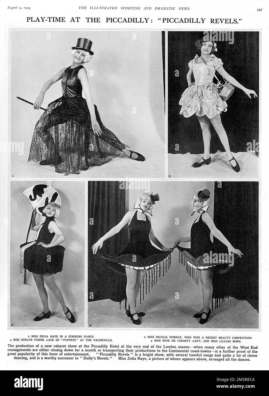 Spielzeit im Piccadilly: "Piccadilly Revels". Eine neue Kabarettshow im Piccadilly Hotel ganz am Ende der Londoner Saison, die die Beliebtheit dieser Form der Unterhaltung Mitte der 1920er Jahre unterstreicht. Alle Tänze wurden von Miss Zelia Raye (oben links) arrangiert und die Kostüme wurden von Dolly Tree entworfen. 1924 Stockfoto