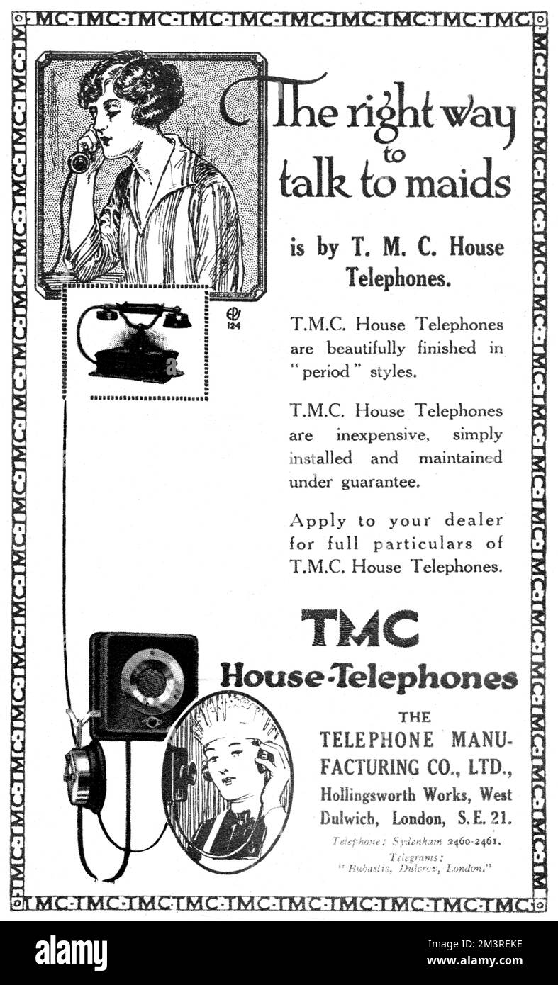 Werbung für TMC House-Telefone, besonders nützlich, wenn Ihr Haus so groß ist, dass Sie den Bediensteten aus einem anderen Flügel Anweisungen geben müssen. Datum: 1923 Stockfoto