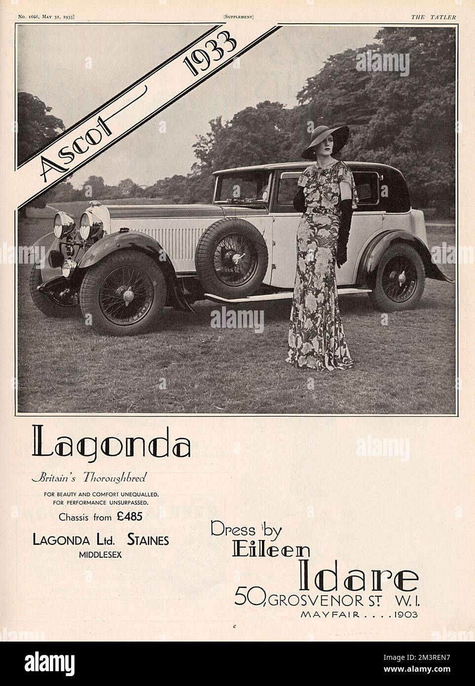 Werbung für Lagonda-Autos, „Britain's Thoroughbred“ - das ideale Transportmittel für Ascot 1933, während das Blumenkleid von Eileen Idare aus der Grosvenor Street 50 ist. Datum: 1933 Stockfoto