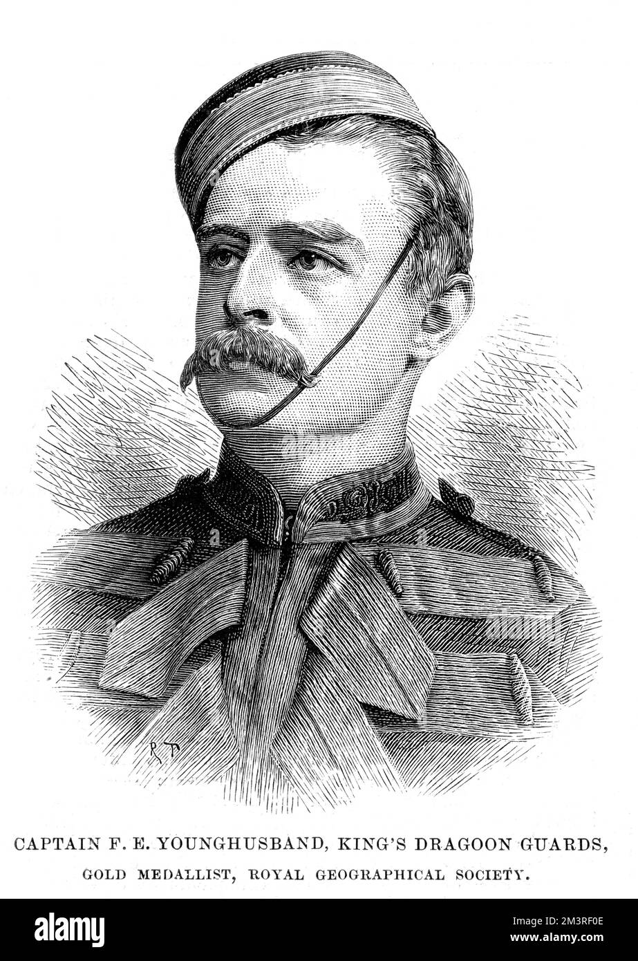 Portrait von Captain F. E. Younghusband von den Kings Dragoon Guards, der eine der beiden Goldmedaillen gewann, die jährlich von der Royal Geographical Society an renommierte Entdecker verliehen werden. Datum: 1890 Stockfoto