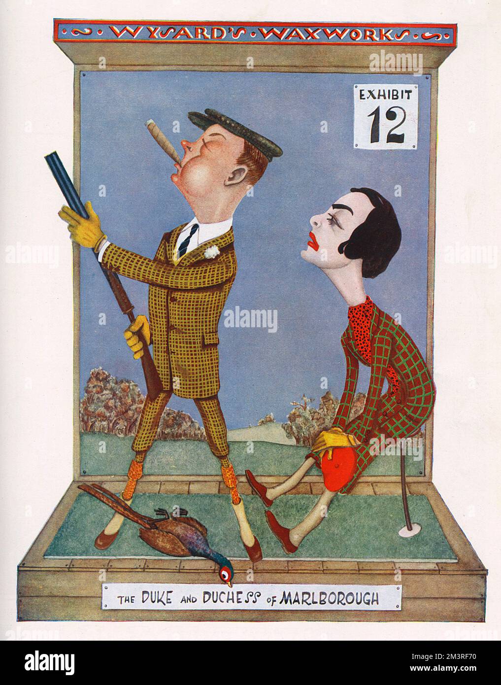John Albert William Spencer-Churchill, 10.. Herzog von Marlborough (18. September 1897 11. März 1972), Marquise von Blandford bis 1934, britischer Kollege, mit seiner Frau Alexandra Mary Cadogan (22. Februar 1900 23. Mai 1961) in Karikatur von Tony Wysard abgebildet. Teil einer Serie mit dem Titel Wysard's Wachsfiguren, die 1938 im Tatler erschienen ist. Die beiden sind auf einem Shooting abgebildet - die Herzogin hockte auf einem Schießstock, während ihr Mann auf eine Zigarre pustet und zielt. Datum: 1938 Stockfoto