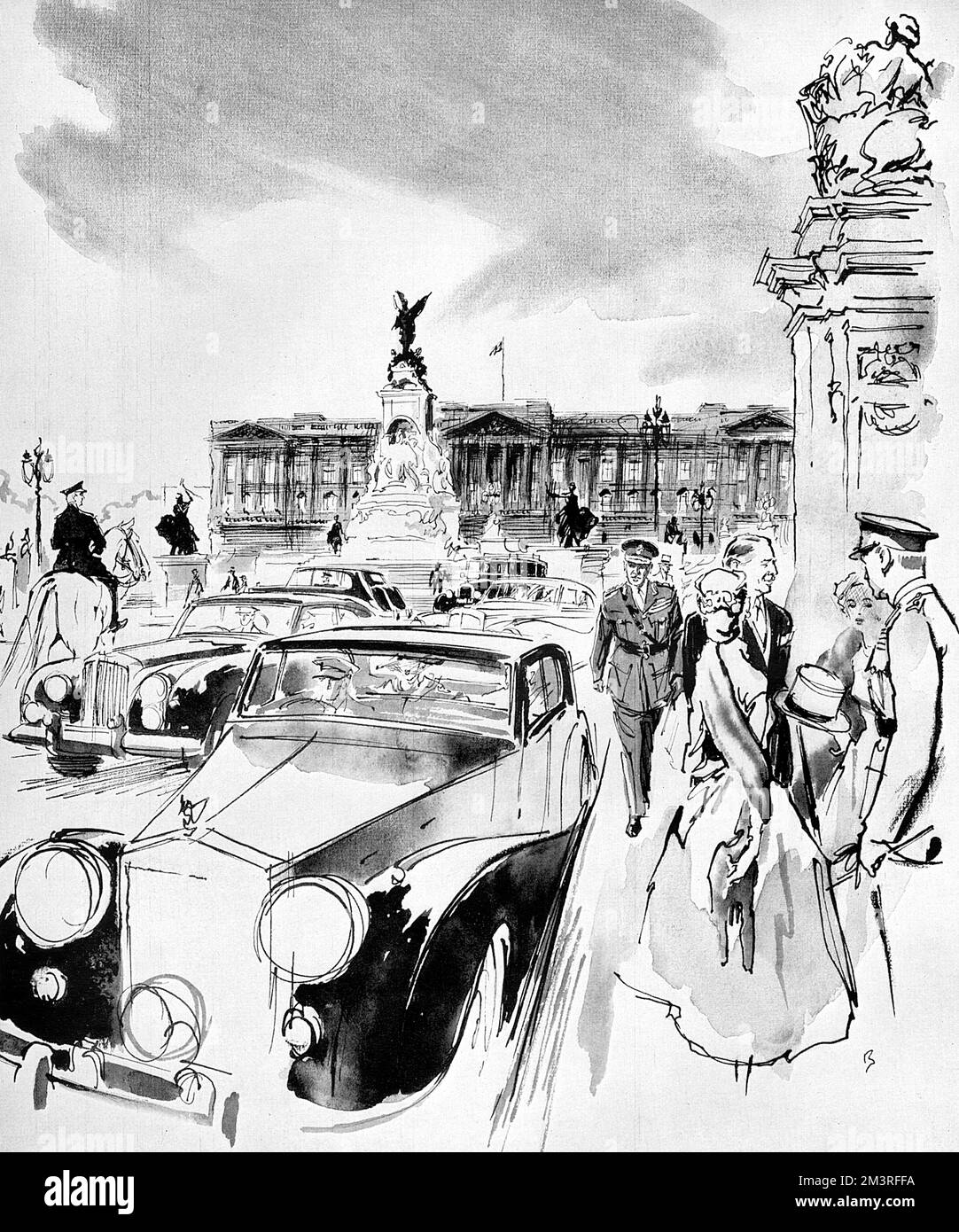 Eindruck von The Mall während der Hochsaison des Sommers in London, mit Smart-Autos, die zum und vom Buckingham Palace kriechen, möglicherweise mit Gästen auf einer Gartenparty oder Debütantinnen für eine Hofpräsentation. Datum: 1954 Stockfoto