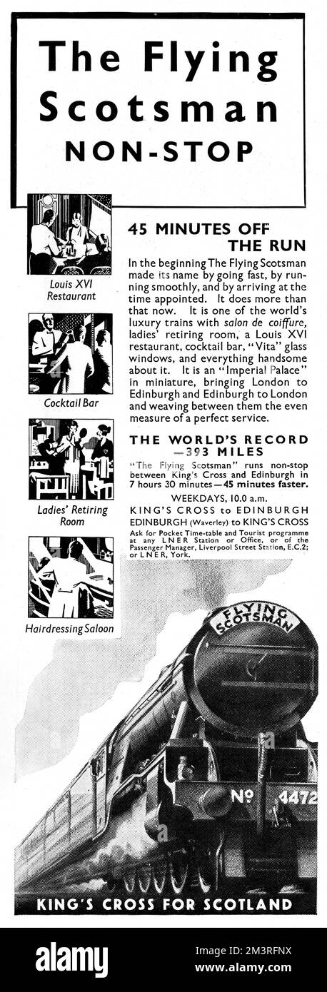 Werbung für den Flying Scotsman und die neuen Services, die an Bord angeboten werden, wie zum Beispiel ein Louis XVI Restaurant, eine Cocktailbar, ein Damenzimmer und ein Friseursalon. 1932 Stockfoto
