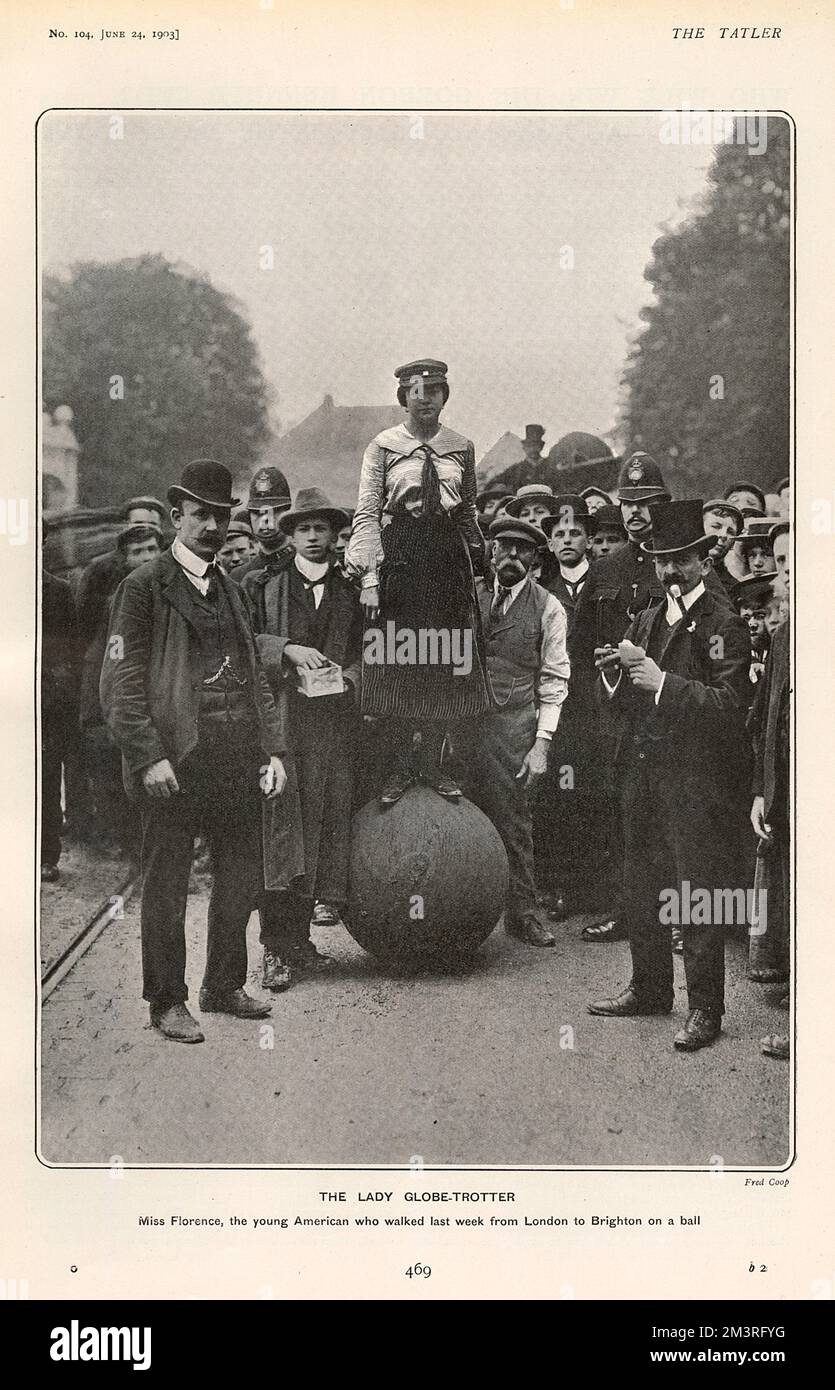 Miss Florence, eine junge Amerikanerin, die im Juni 1903 auf einem Ball von London nach Brighton lief. Buchstäblich ein Globus-Trabrenner. Datum: 1903 Stockfoto
