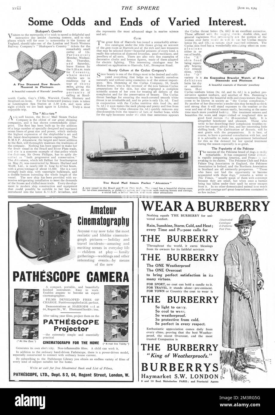Einige Quoten und Angebote von unterschiedlichem Interesse, darunter das Royal Mail Steam-Paket Alcantara, ein Werbespot für die Pathescope-Kamera für Amateurkinematographie und ein Burberry-Werbespot. Kurz vor Beginn des Ersten Weltkriegs. 1914 Stockfoto