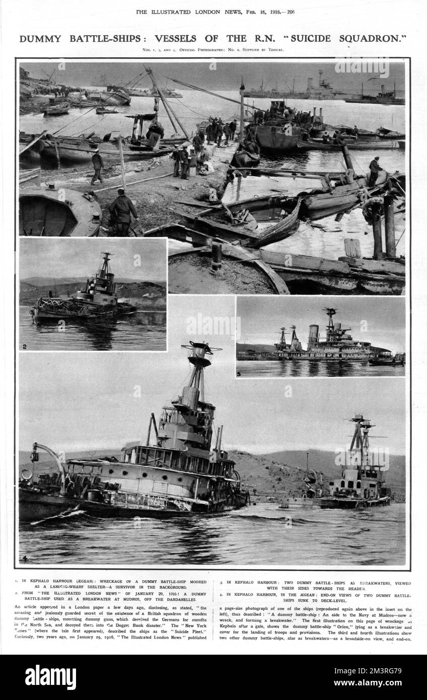 Attrappe-Schlachtschiffe: Schiffe des Selbstmordgeschwaders der Royal Navy im Jahr 1918. Hölzerne Attrappen, mit Attrappen, die die Deutschen monatelang in der Nordsee getäuscht und in die Dogger Bank-Katastrophe getäuscht haben. 1. Im Hafen von Kephalo in der Ägäis. 2. Ein Scheinschiff, das als Wellenbrecher bei Mudros vor den Dardanellen eingesetzt wurde (1916 Foto). 3 und 4. Im Hafen von Kephalo. Datum: 1918 Stockfoto