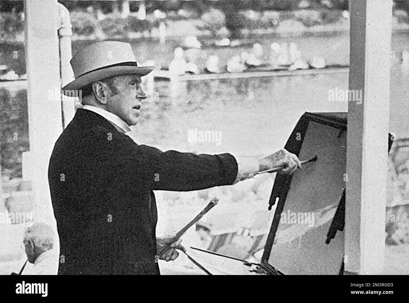 Künstler Sir John Lavery (1856-1941), der am Finals Day in Henley an einer Szene auf den Rasenflächen am Flussufer arbeitet, einem der Höhepunkte der Sommersaison. Datum: 1934 Stockfoto