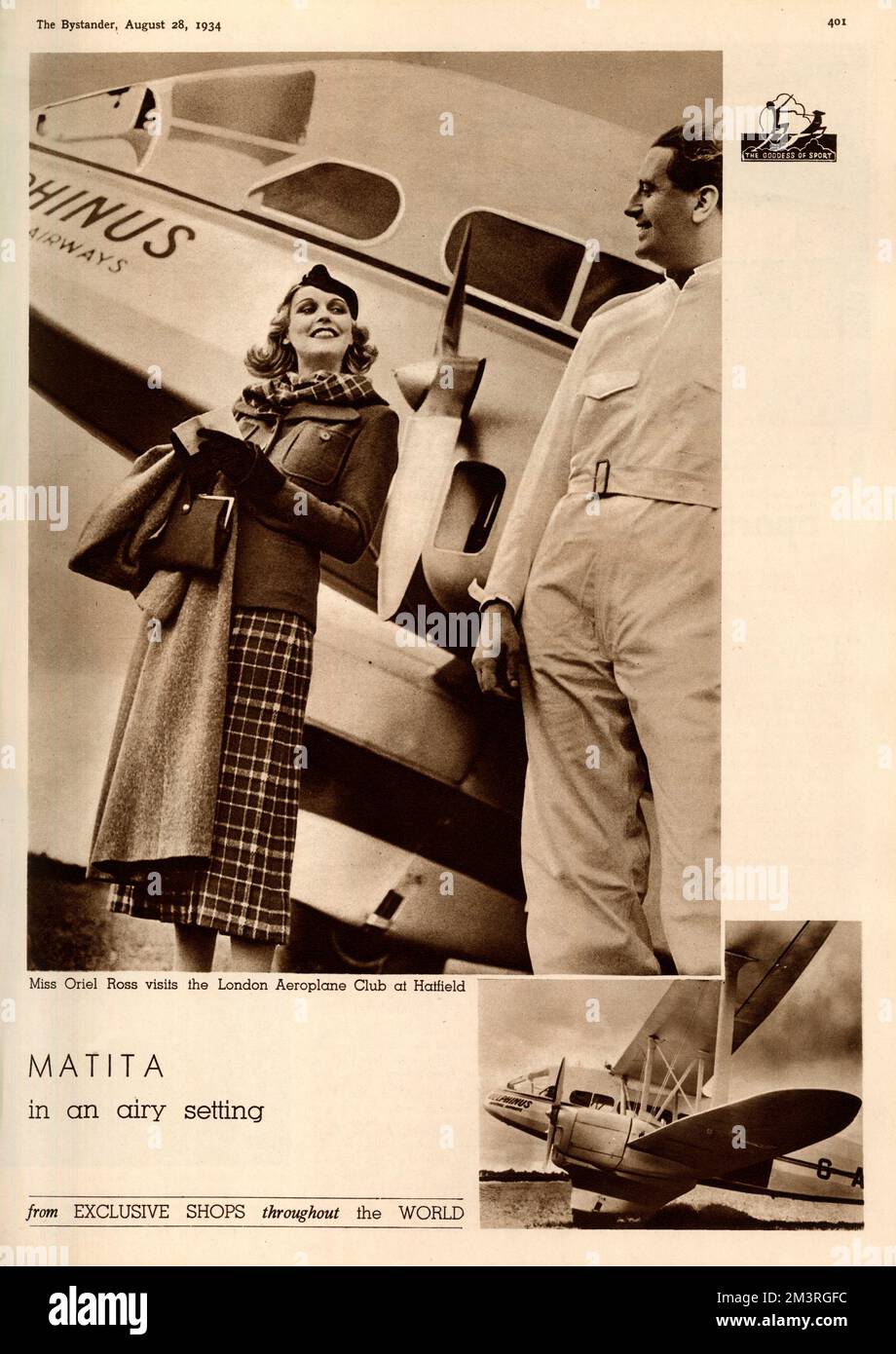 Werbung für Matita, ein Modeetikett, das sich auf Smart, Damenpersonalisierung und damals so genannte Sportbekleidung spezialisiert hat. Der Werbespot zeigt Oriel Ross beim Besuch des London Aeroplane Club in Hatfield. Datum: 1934 Stockfoto