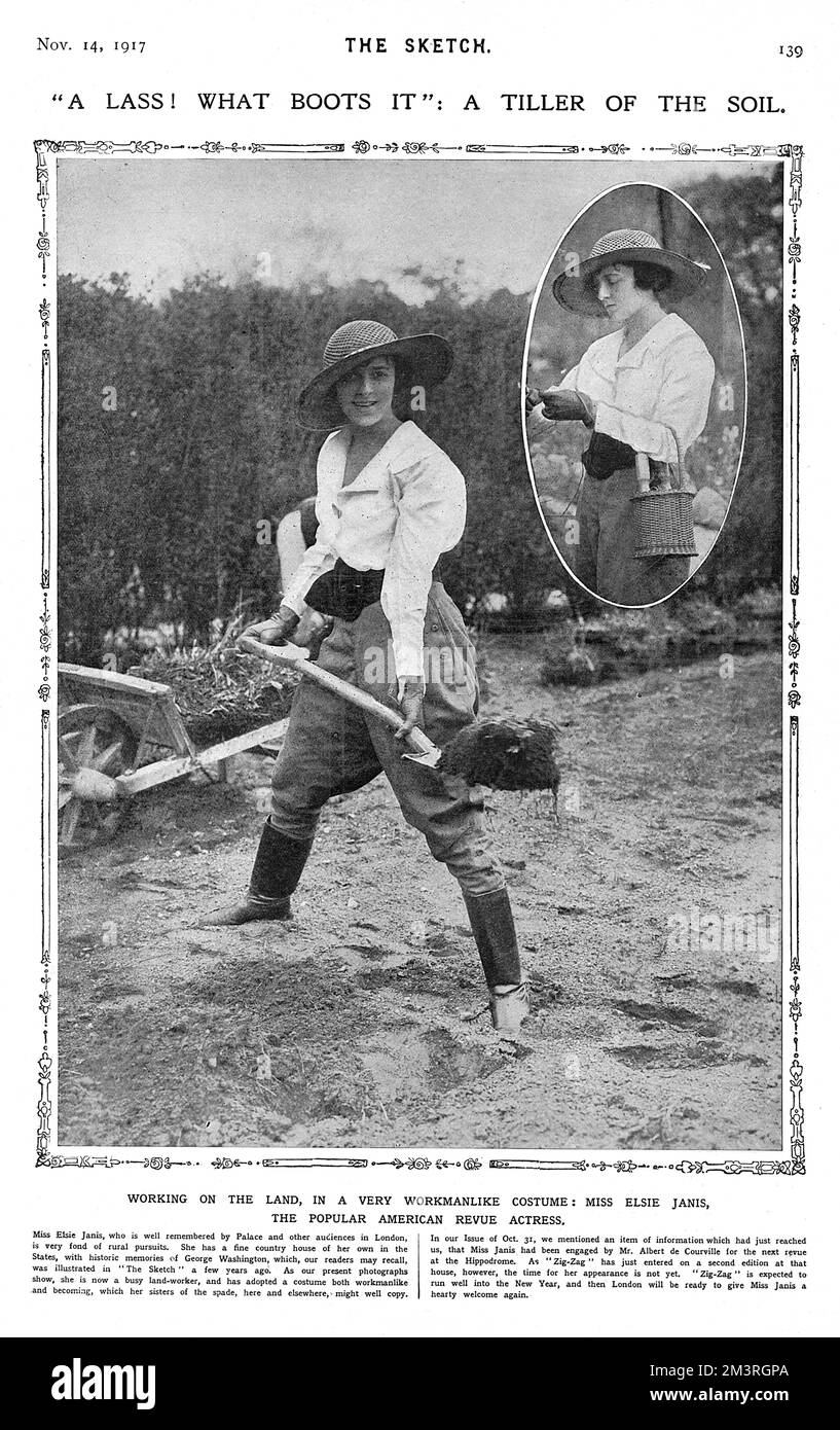 Amerikanische Schauspielerin, Elsie Janis, posiert für ein Bild, das im Ersten Weltkrieg in einem Landarbeiter-Outfit sehr attraktiv aussieht. Elsie Janis (16. März, 1889. Februar 26, 1956) war eine amerikanische Sängerin, Songwriterin, Schauspielerin und Drehbuchautorin. Die Unterhaltung der Truppen im Ersten Weltkrieg verewigte sie als „Liebling der AEF“ (American Expeditionary Force). Das Foto ähnelt auffallend dem Bild Nr. 10472401 - einer Zeichnung eines Landmädchens auf einer Postkarte des Amateursoldaten-Künstlers George Ranstead. Ranstead sah und kopierte dieses Foto von Janis. Stockfoto