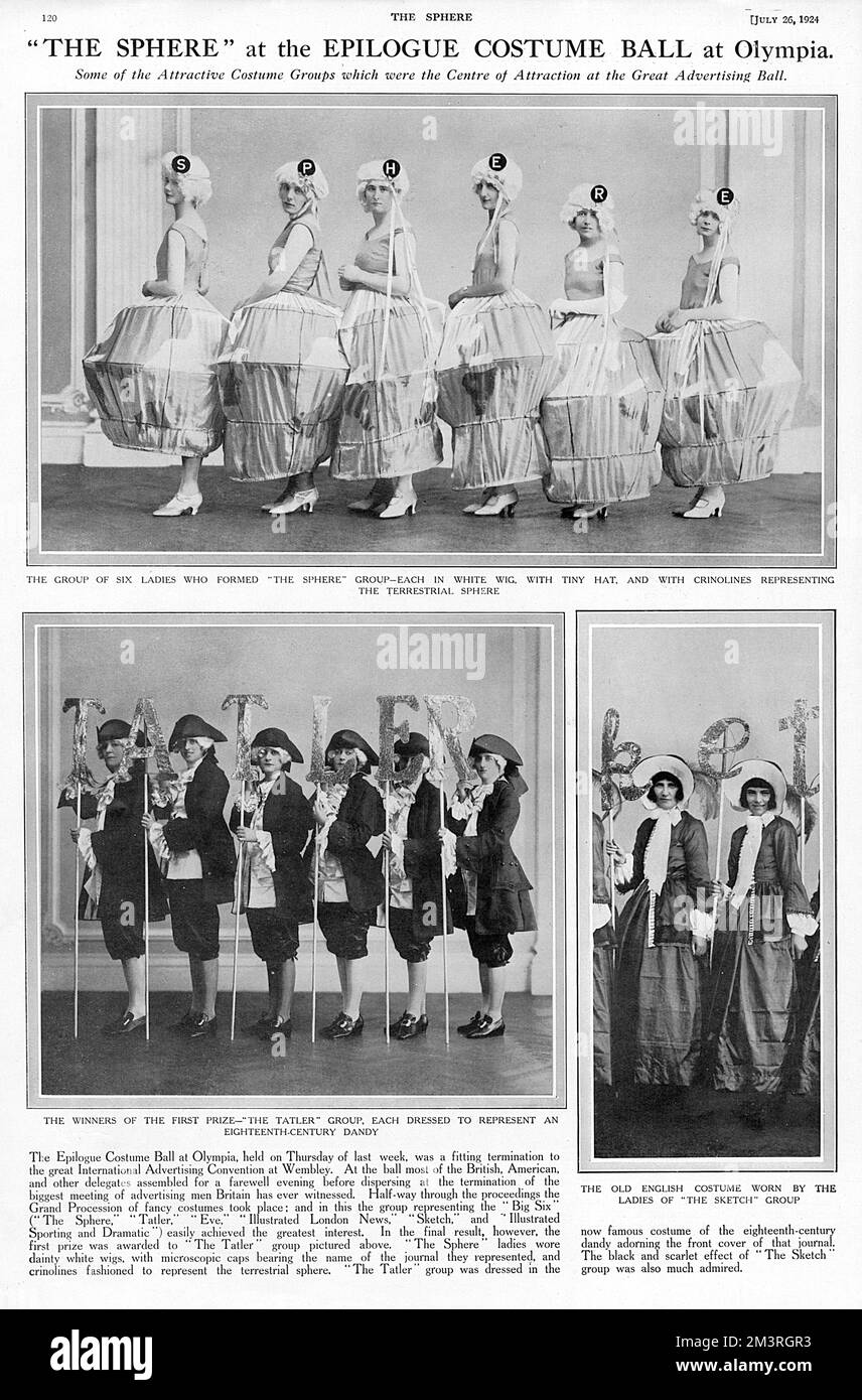 Beispiele für Kostüme, die beim Epilogue Ball zu sehen waren, der zum Abschluss der Internationalen Werbeveranstaltung in Olympia im Juli 1924 stattfand. Die beteiligten Frauen waren als verschiedene bekannte Wochenzeitschriften der damaligen Zeit gekleidet, einschließlich der Kugel (oberes Bild), der Tatler (unten links) und der Skizze (unten rechts). Die Tatler-Gruppe, gekleidet in dem berühmten Kostüm des 18. Jahrhunderts, das das Titelblatt schmückt, gewann den ersten Preis. Siehe Bild Nr. 11090452 für einen Eindruck des Sphärenkünstlers Fortunino Matania von der Prozession selbst, mit den Sphärenfrauen in kugelförmigen Kostümen im Mittelpunkt Stockfoto