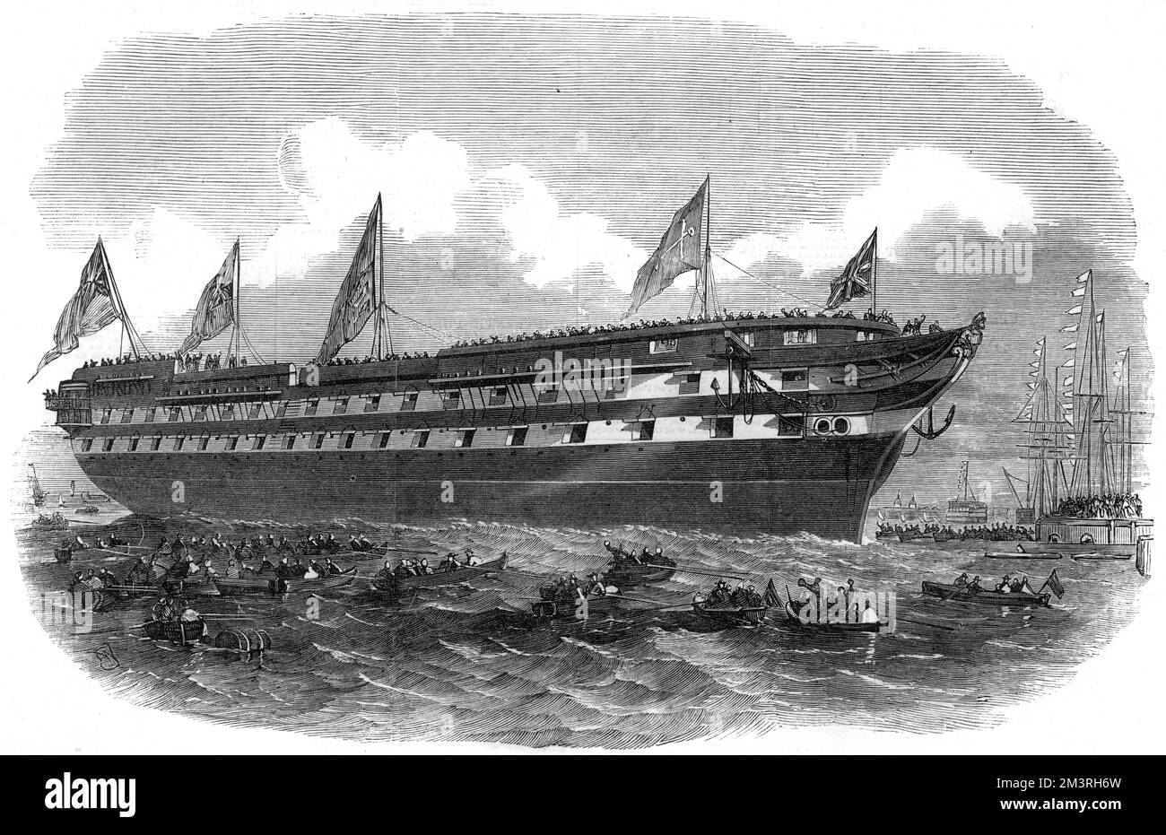 Der Start des HMSS-Hannibal-Schraubendampfschiffs am 31.. Januar 1854 in Deptford Dockyard. Das Schiff diente im Krimkrieg. Datum: 1854 Stockfoto