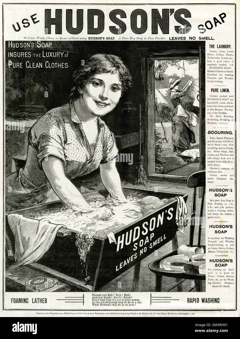 „Hudson's Soap garantiert den Luxus reiner, sauberer Kleidung“. Eine Frau, die Kleider in Seifenwasser schrubbt. 1885 Stockfoto