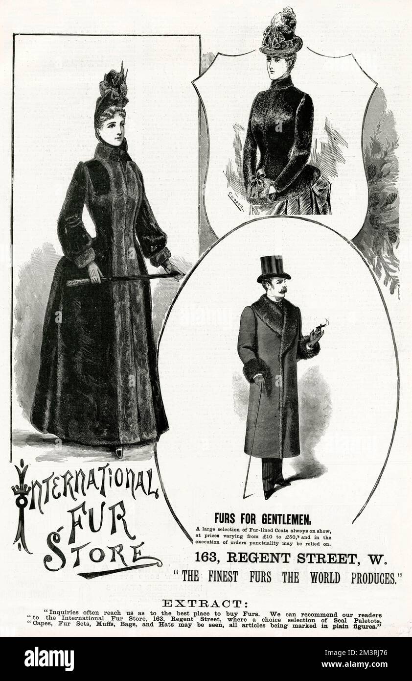 Auswahl an Pelzmänteln für die viktorianischen Damen und Herren. 1888 Stockfoto