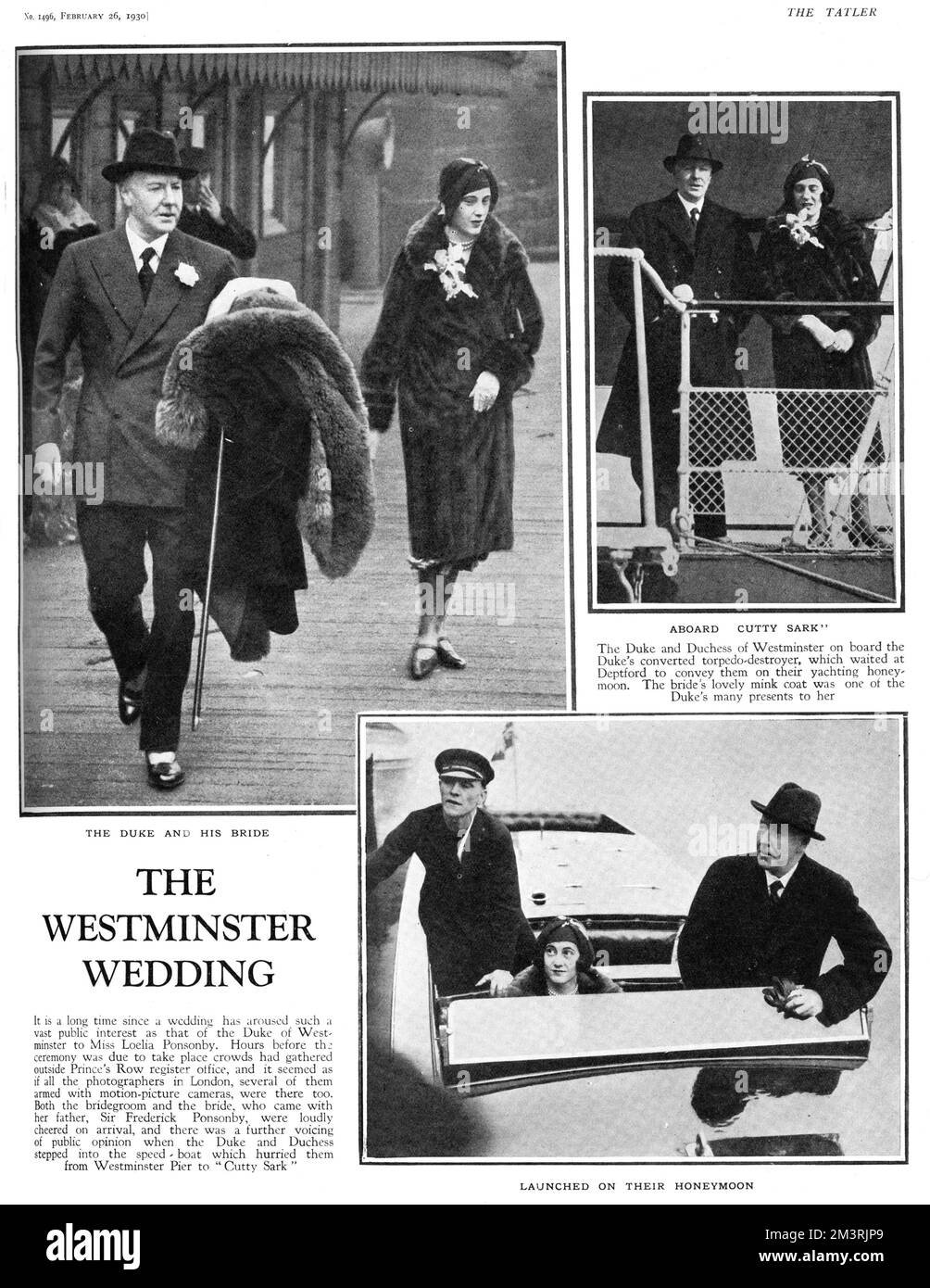 Seite von The Tatler berichtet über die gesellschaftliche Hochzeit von Hugh Grosvenor, 2.. Herzog von Westminster und Loelia Ponsonby (seine dritte Frau) am 20. Februar 1930 im Prince's Row-Standesamt. Die Bilder zeigen den Herzog und seine neue Braut, die vom Westminster Pier mit einem Schnellboot abfahren. Von dort aus gingen sie an Bord des umgebauten Torpedoe-Zerstörers des Herzogs, dem Cutty Sark, der in Deptford wartete, um sie auf ihre Jacht-Flitterwochen zu bringen. Der Pelzmantel von Loelia war eines der vielen Hochzeitsgeschenke des Herzogs für sie. Das Paar, das nie Kinder hatte, ließ sich 1947 nach jahrelanger Trennung scheiden. 1930 Stockfoto