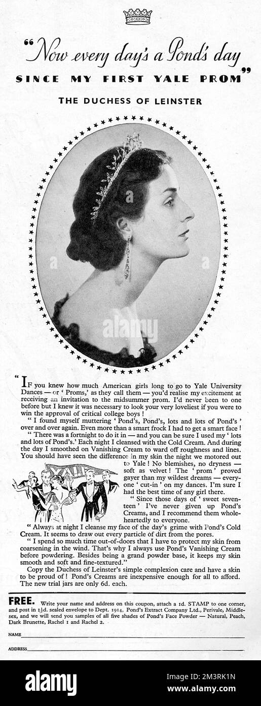 Werbung für Pond's Cold Cream und Vanishing Cream mit Unterstützung der Herzogin von Leinster (amerikanische Sozialistin, Agnes Rafaelle). Datum: 1935 Stockfoto