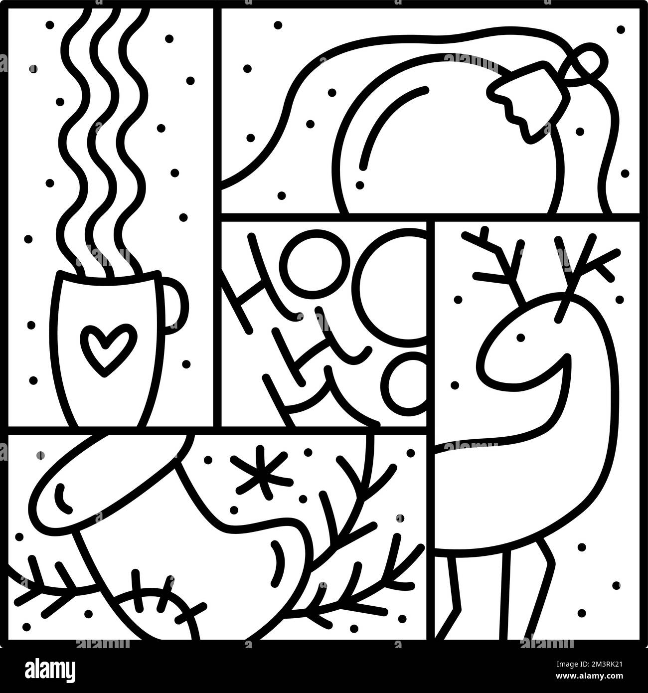 Weihnachtslogo Schneeflocke, Hirsch, Tasse Kaffee und Tannenspielzeug. Handgezeichneter Monolin-Wintervektorkonstruktor im quadratischen Rahmen für Stock Vektor