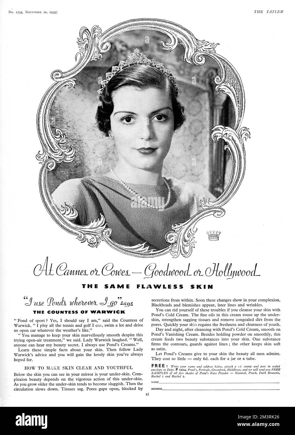 Werbung für Pond's Cold Cream und Vanishing Cream, unterstützt von der Gesellschaft Darling, der Gräfin von Warwick, früher Miss Rose Bingham. Datum: 1935 Stockfoto