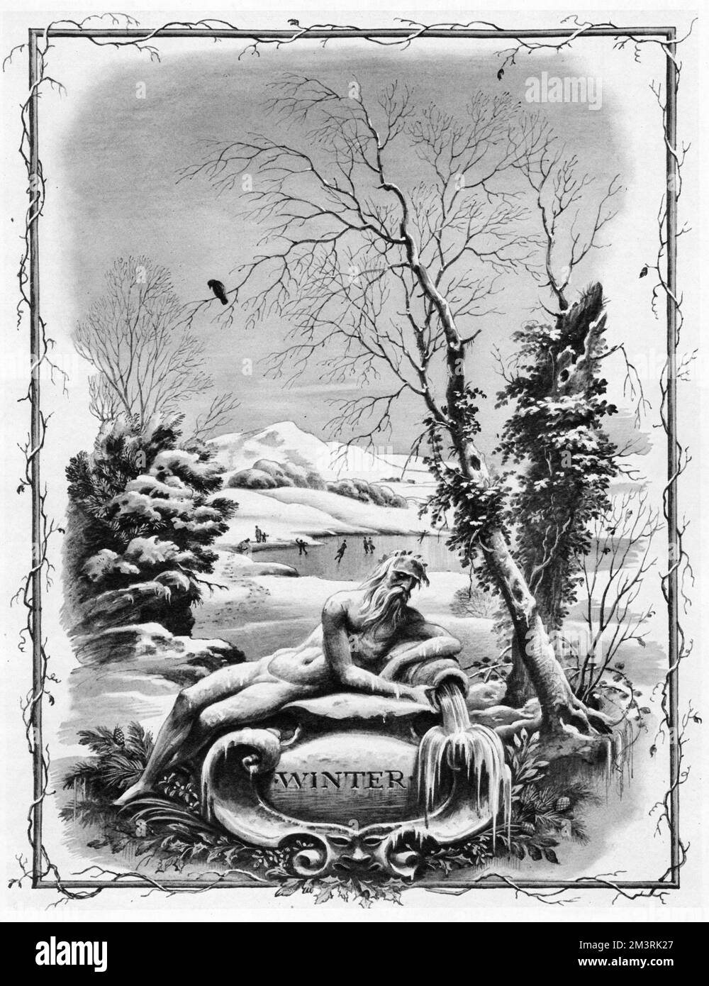 Ein Eindruck vom Winter von Rex Whistler, der eine Statue der alten Vaterzeit im Vordergrund zeigt, während Skater die Freuden eines gefrorenen Teiches genießen. Datum: 1935 Stockfoto