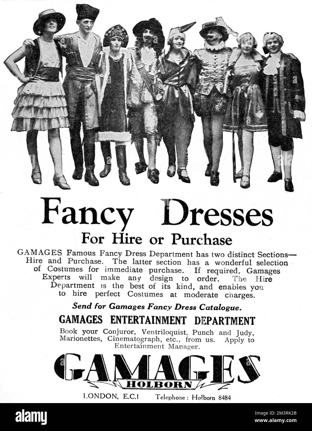 Werbung für schicke Kleider zum Kauf oder zur Miete beim Gamages Kaufhaus in Holborn, London. 1929 Stockfoto