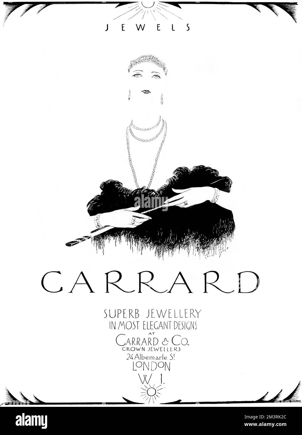 Werbung für Garrard & Co, Kronjuweliere mit einer minimalistischen Illustration einer eleganten Frau, die durch ihren Schmuck definiert ist. Stockfoto