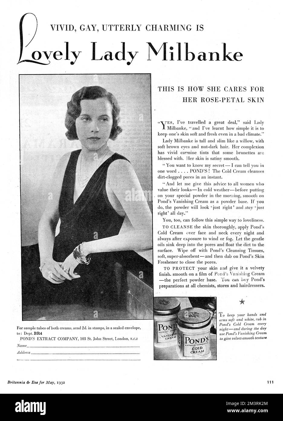 Werbung für Pond's Cold Cream und Vanishing Cream, unterstützt von der „lebhaften, schwulen und absolut charmanten“ Lady Milbanke, australischer Sozialistin Sheila Chisholm, früher Lady Loughborough vor ihrer zweiten Hochzeit. Datum: 1932 Stockfoto