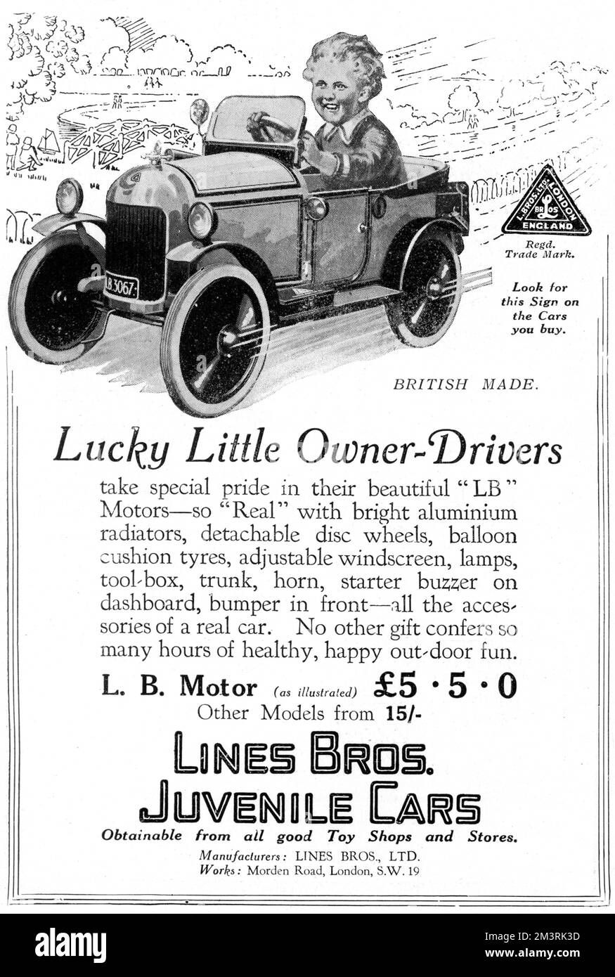 Werbung, die Kindern die Möglichkeit bietet, ein eigenes Auto zu besitzen. „Juvenile Cars“, produziert von Lines Bros. (Heute besser bekannt als Tri-ang), waren Fahrzeuge mit Pedalantrieb, die alle Zubehörteile eines echten Autos trugen. 1927 Stockfoto